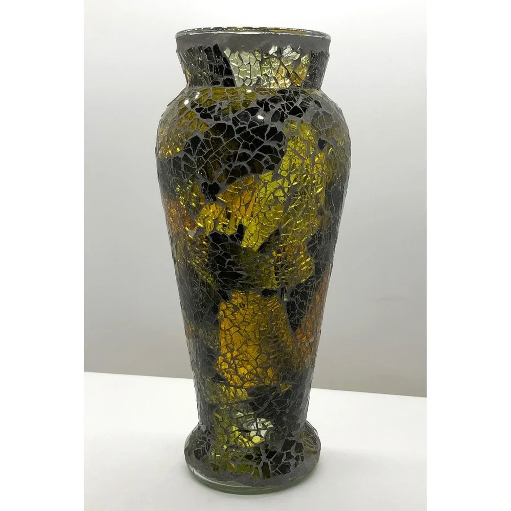 Mosaic Glass Vase Amber Gold Black Cracked Glass Decorative Centerpiece 10 Inch